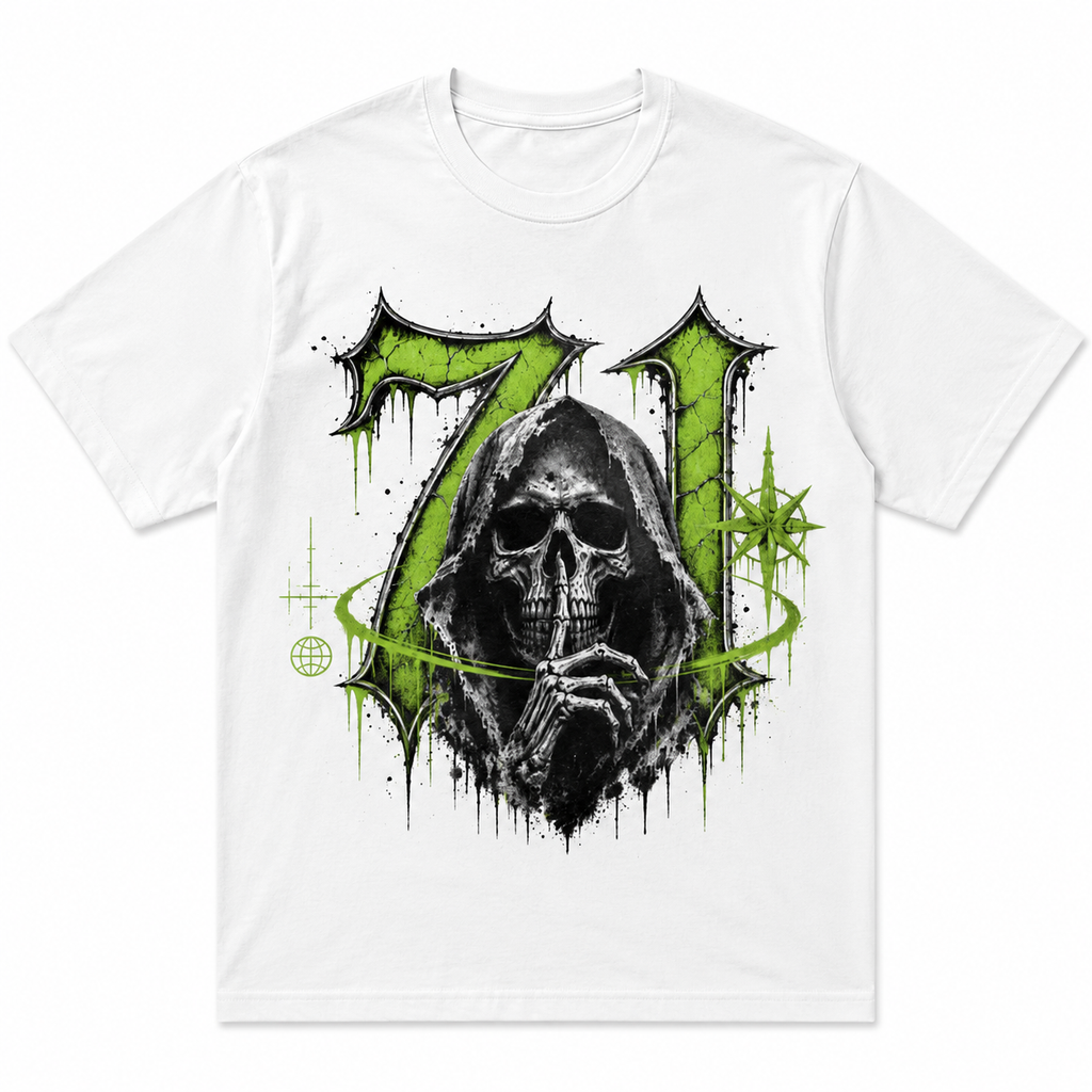 Weißes Gothic T-Shirt mit Grim Reaper Totenkopf und grüner 71 Streetwear Grafik