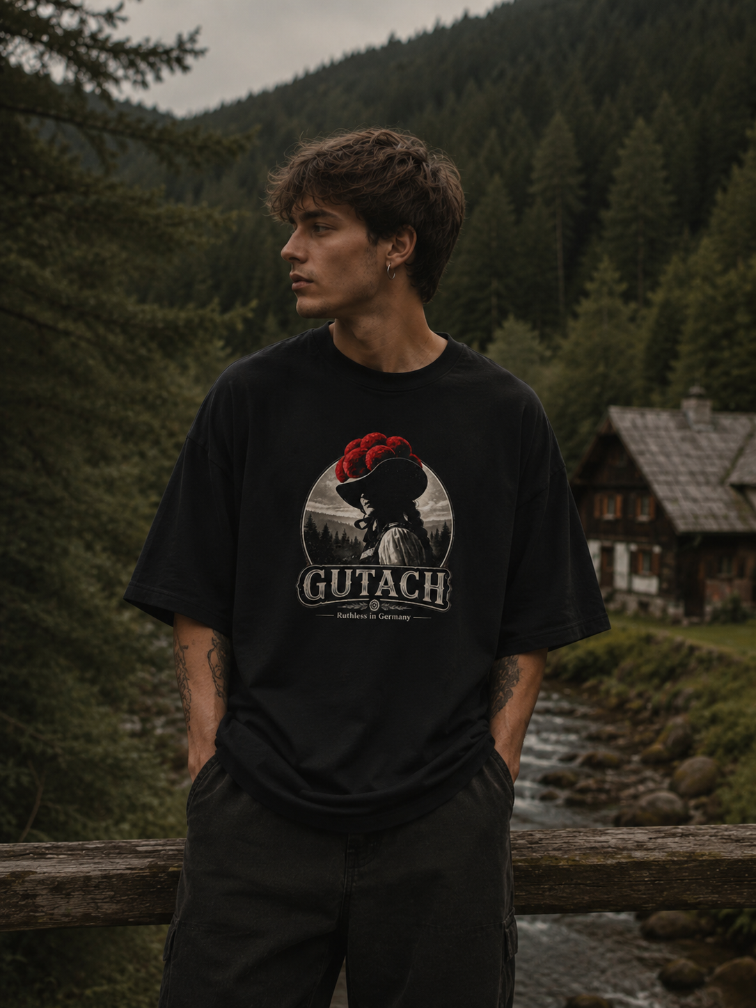 GUTACH Streetwear T-Shirt mit Vintage Schwarzwald Print und Bollenhut Design