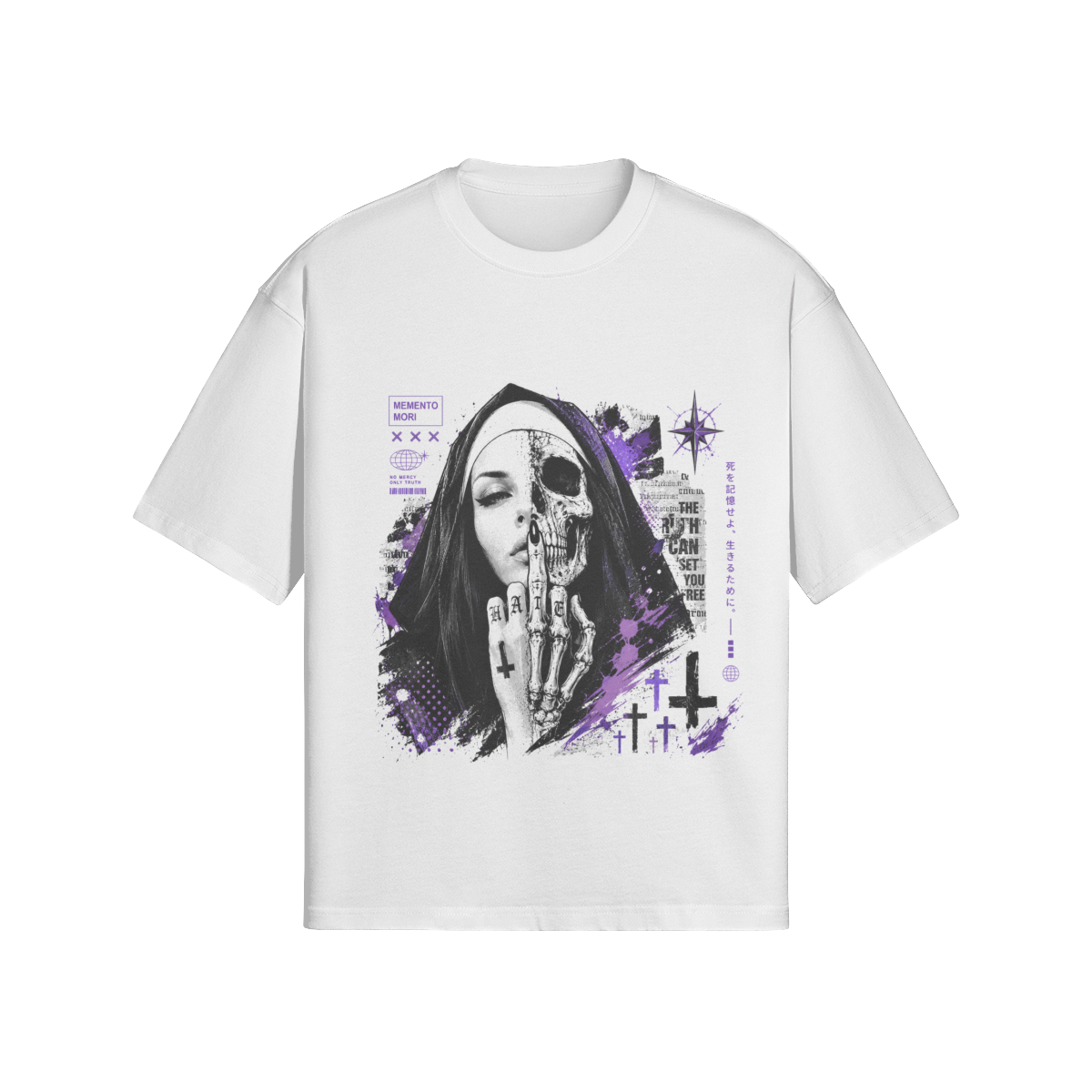 Gothic Anime Skull Oversize T-Shirt mit lila Grunge Streetwear Design