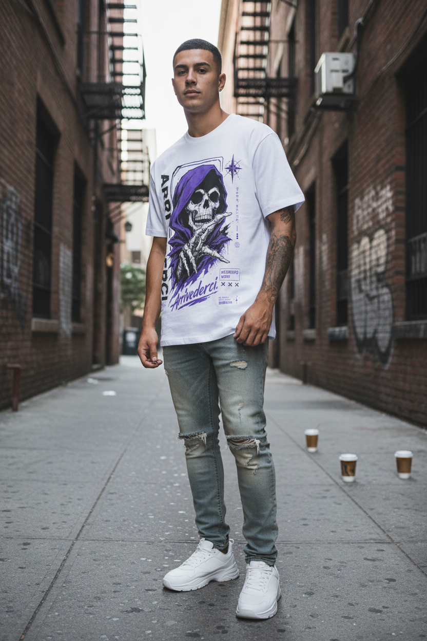 Purple Grim Reaper Gothic Streetwear Shirt mit Skull Design
