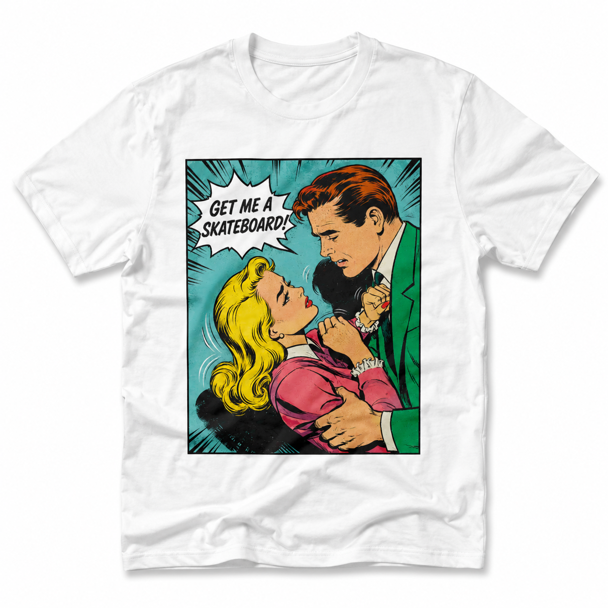 Retro Comic Skateboard T-Shirt mit Pop Art Motiv und Schriftzug Get Me A Skateboard