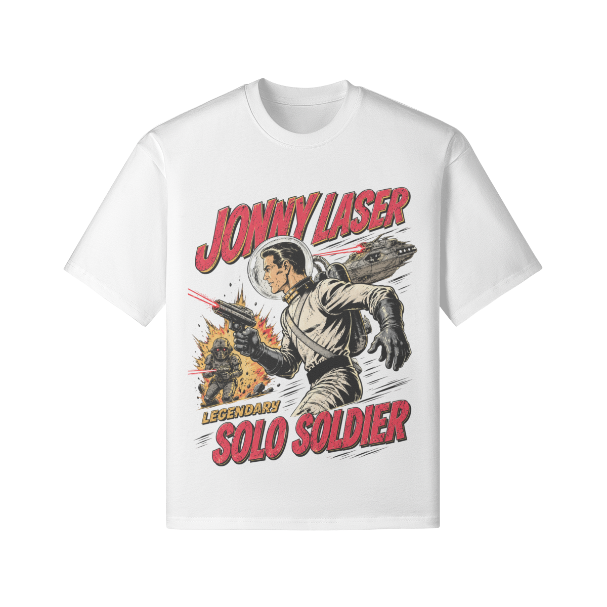 Jonny Laser Legendary Solo Soldier Retro Sci-Fi T-Shirt mit Space Warrior und Laser Gun Design