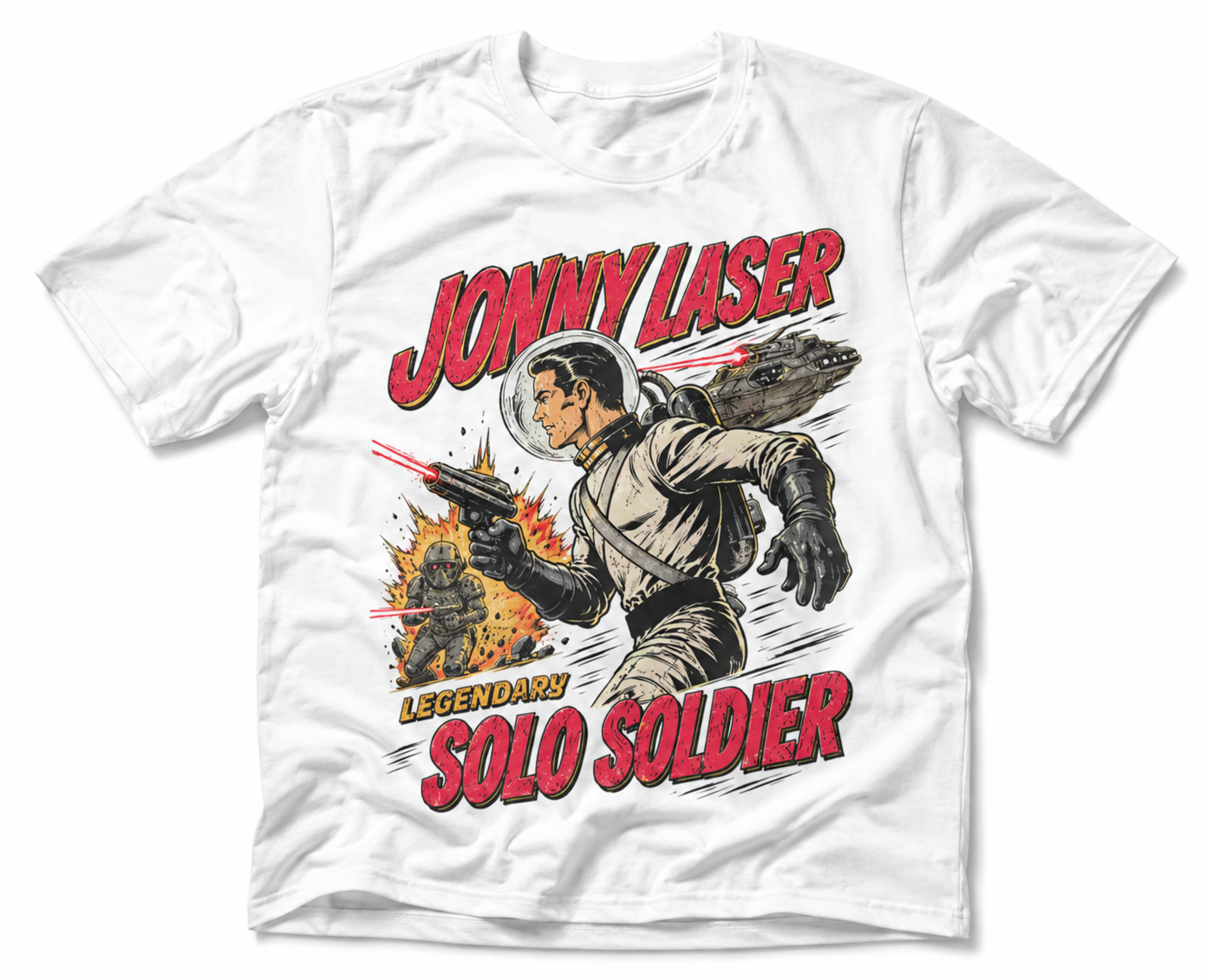 Jonny Laser Legendary Solo Soldier Retro Sci-Fi T-Shirt mit Space Warrior und Laser Gun Design
