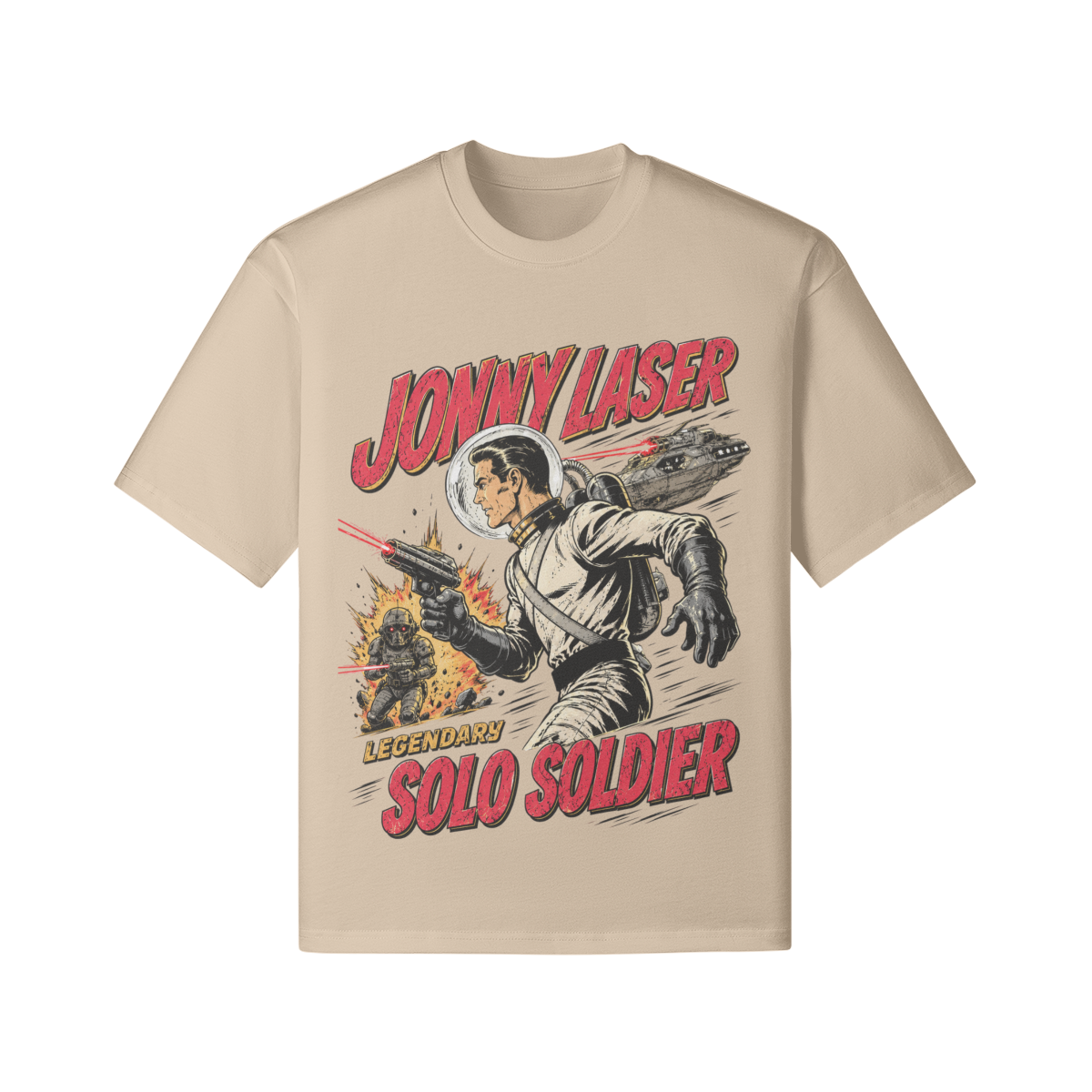 Jonny Laser Legendary Solo Soldier Retro Sci-Fi T-Shirt mit Space Warrior und Laser Gun Design