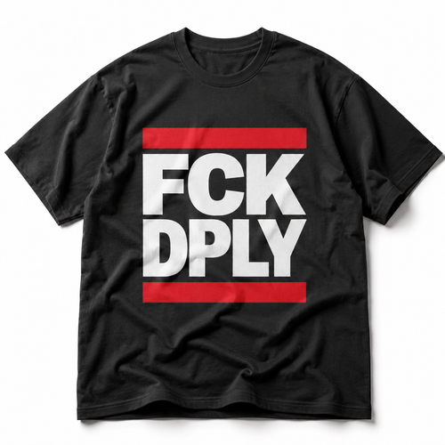 Schwarzes T-Shirt mit politischem 
FCK DPLY Statement Print in weiß und rot