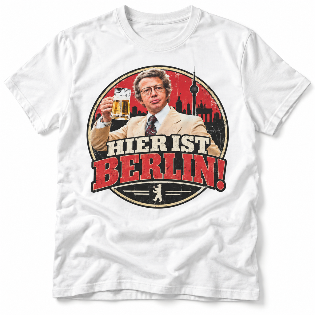 Weißes Berlin T-Shirt mit Vintage Motiv HIER IST BERLIN und Berliner Skyline