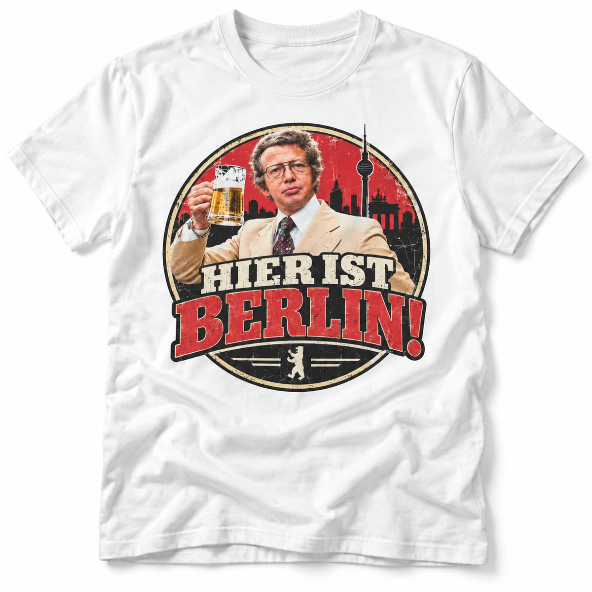 Weißes Berlin T-Shirt mit Vintage Motiv HIER IST BERLIN und Berliner Skyline