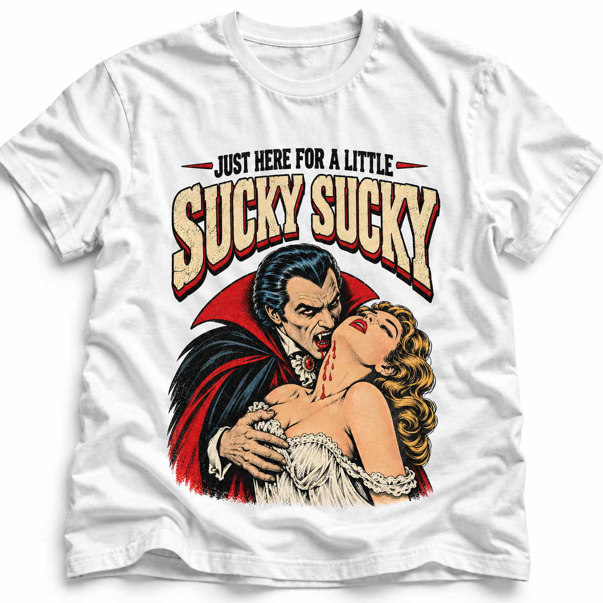 Weißes Sucky Sucky T-Shirt mit Vintage-Vampire-Comic-Print und distressed Siebdruck-Optik