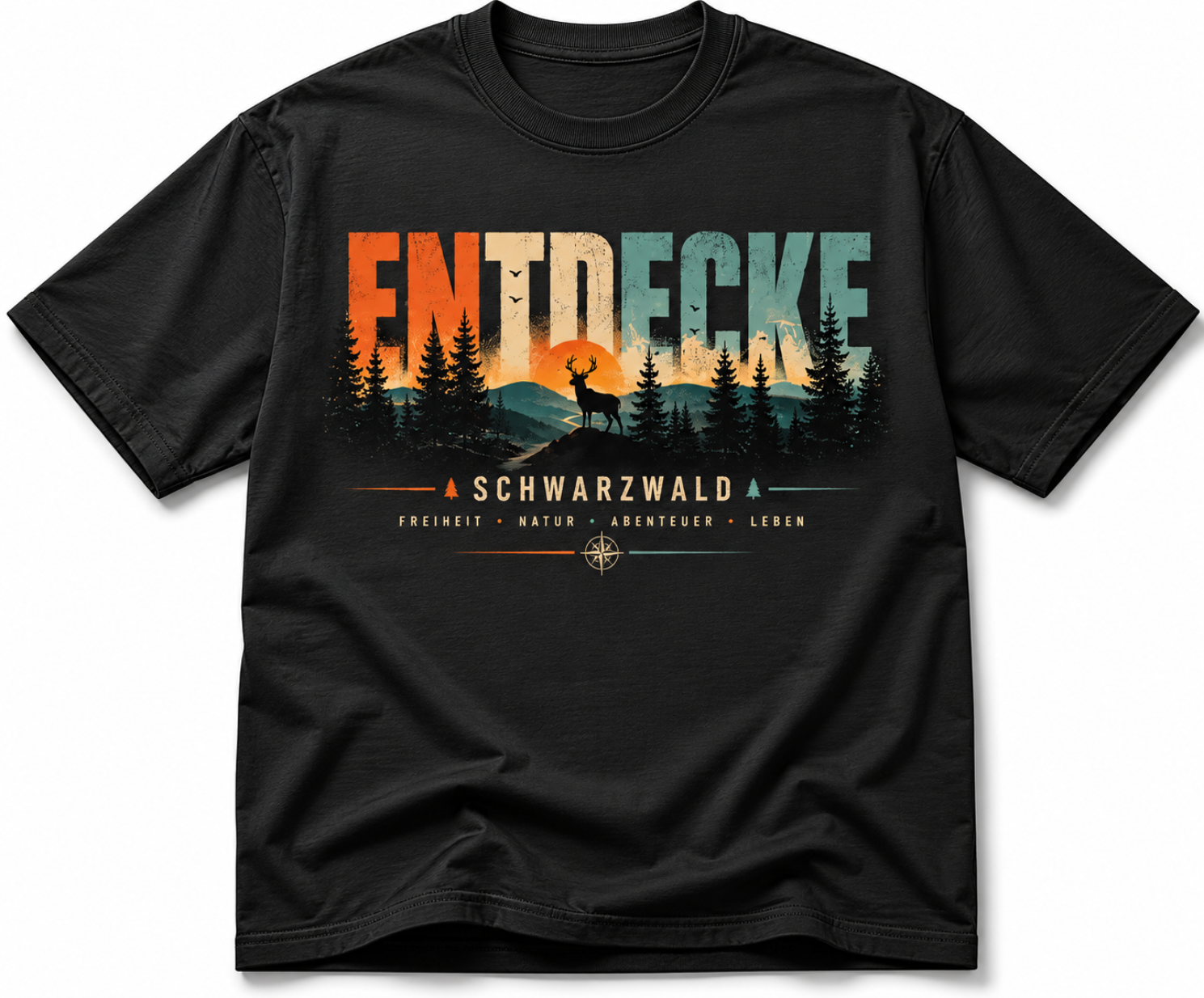 Vintage Schwarzwald Outdoor T-Shirt mit Hirsch und Waldmotiv