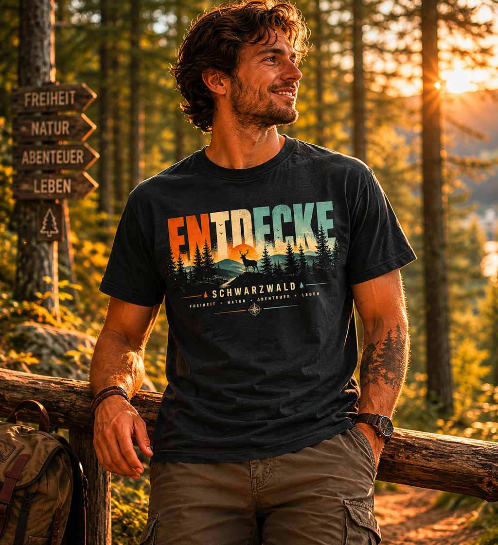 Vintage Schwarzwald Outdoor T-Shirt mit Hirsch und Waldmotiv