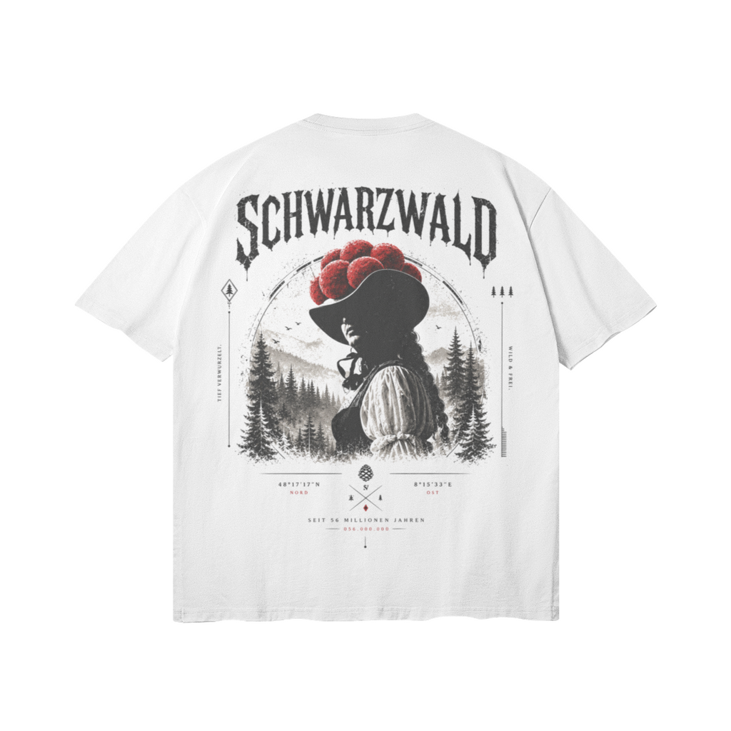 Vintage Schwarzwald T-Shirt mit Bollenhut Motiv und Black Forest Design in Weiß