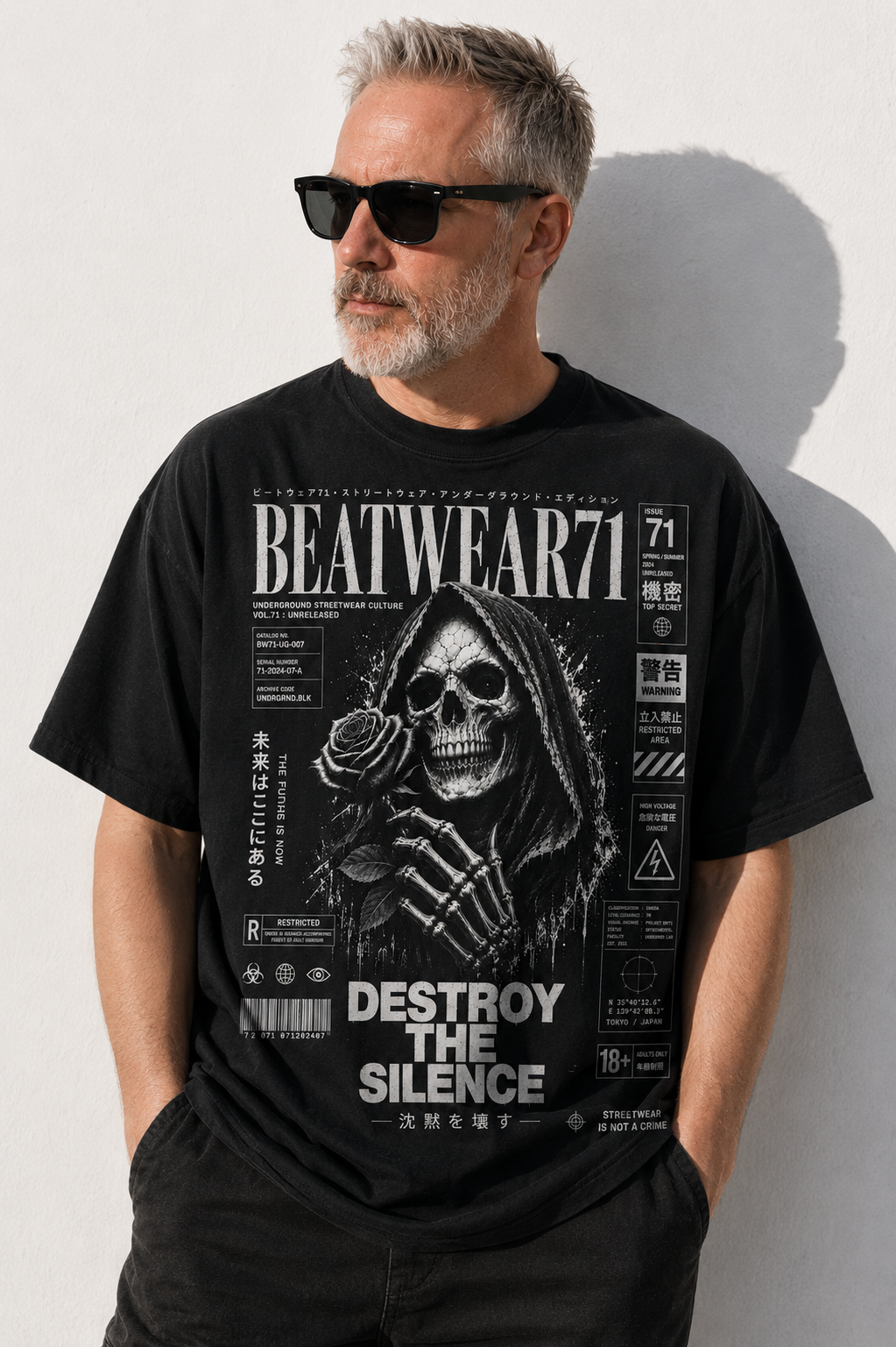 BEATWEAR71 Destroy the Silence T-Shirt in Schwarz mit detailliertem Skull-Sensenmann- und Rosen-Frontprint