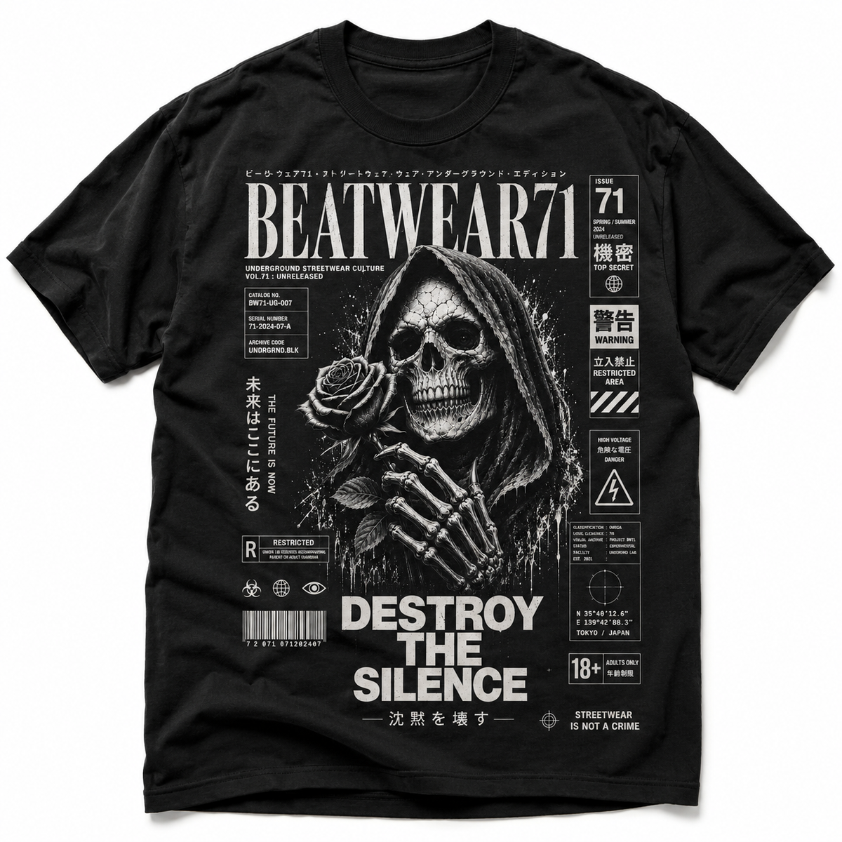 BEATWEAR71 Destroy the Silence T-Shirt in Schwarz mit detailliertem Skull-Sensenmann- und Rosen-Frontprint