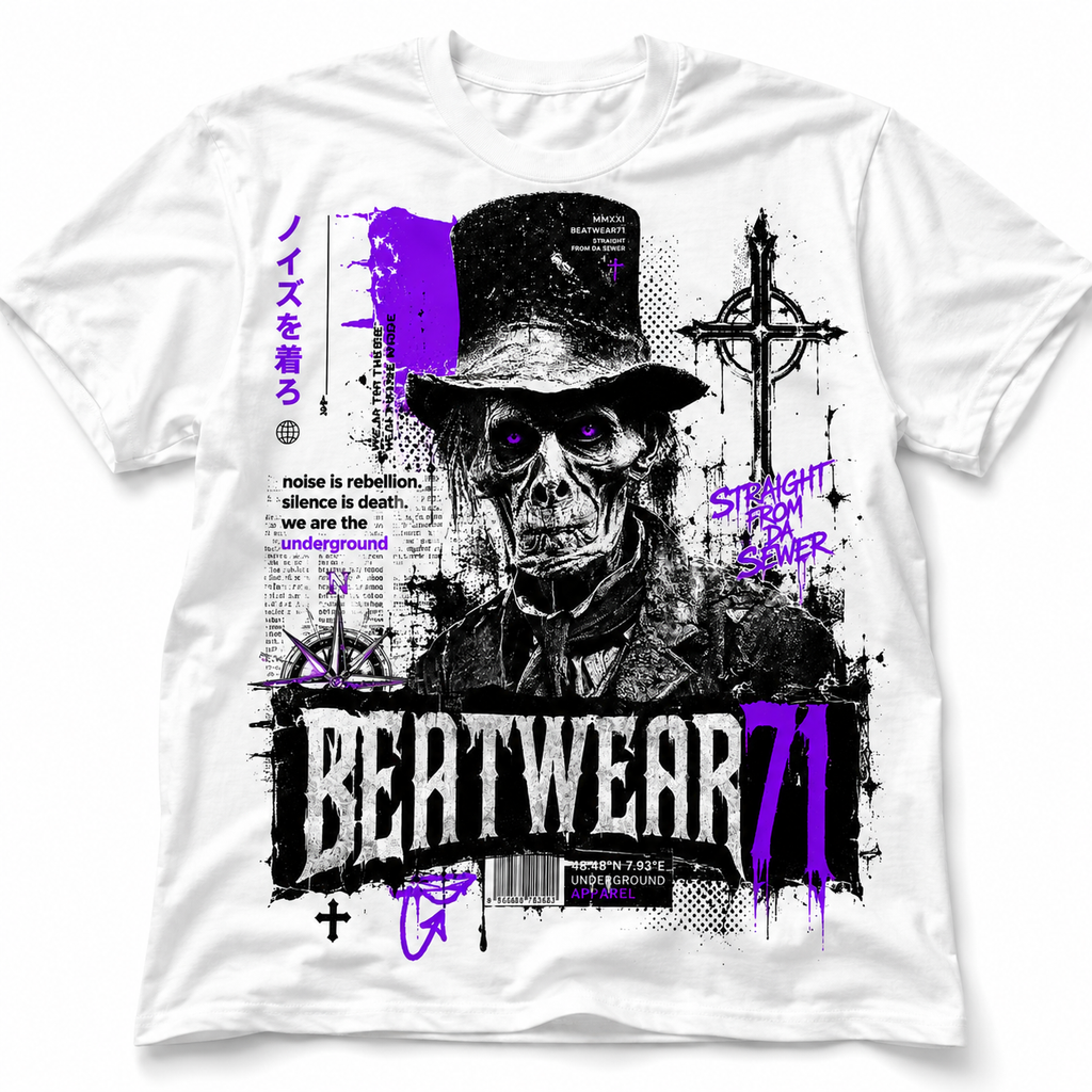 BEATWEAR71 Gothic Skull Streetwear T-Shirt mit violettem Grunge Print auf weißem Shirt