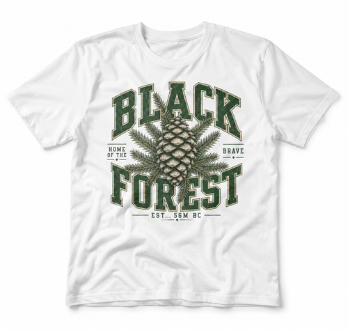 Black Forest T-Shirt mit Tannenzapfen Motiv auf weißem Shirt