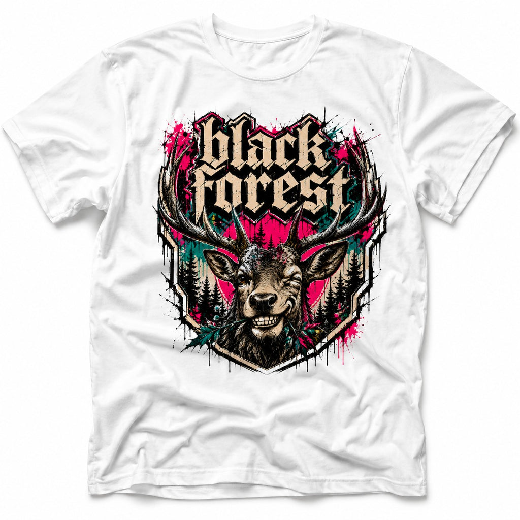 Weißes T-Shirt mit Black Forest Gothic Schriftzug, grinsendem Hirsch, Schwarzwald-Motiv und farbigem Graffiti-Design