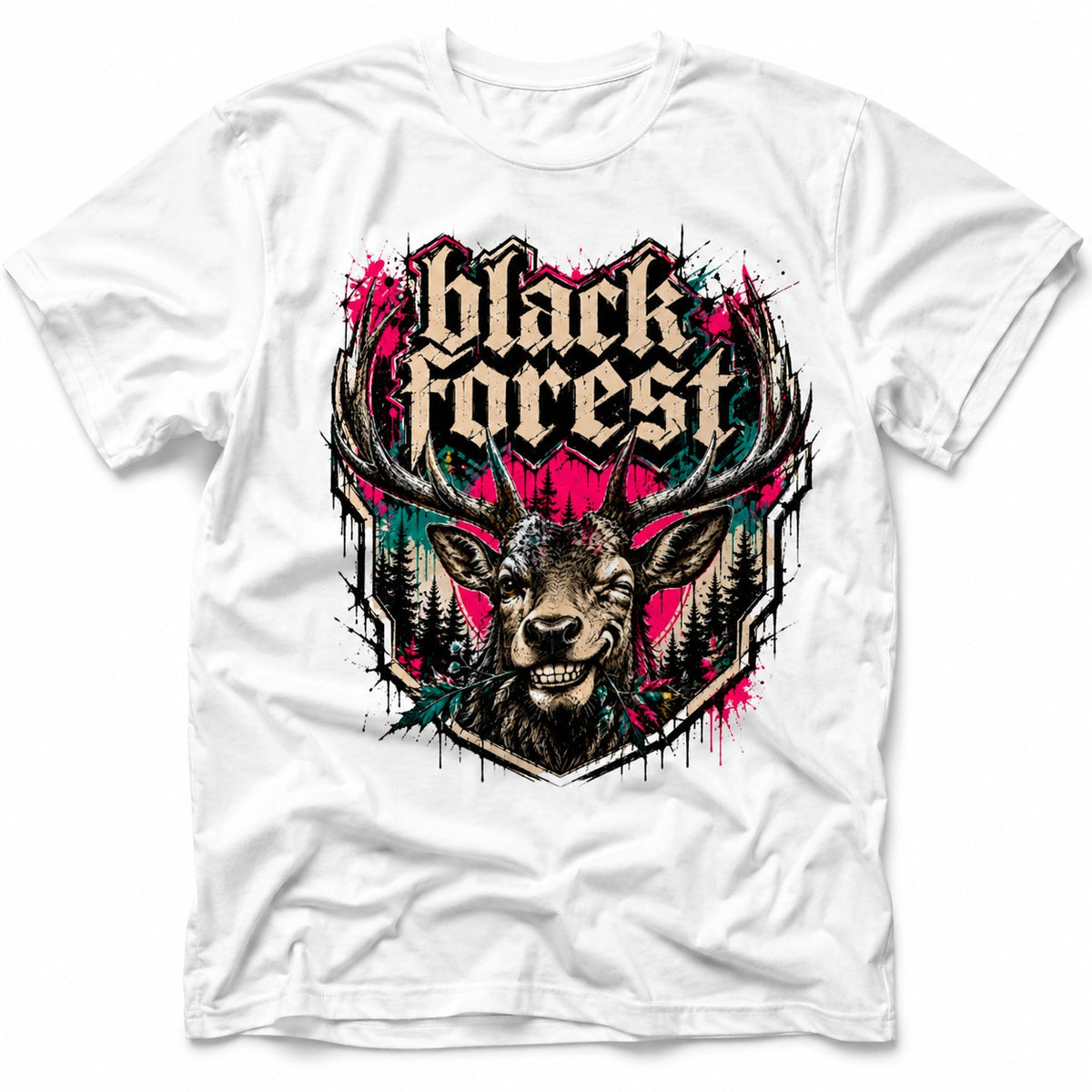 Weißes T-Shirt mit Black Forest Gothic Schriftzug, grinsendem Hirsch, Schwarzwald-Motiv und farbigem Graffiti-Design
