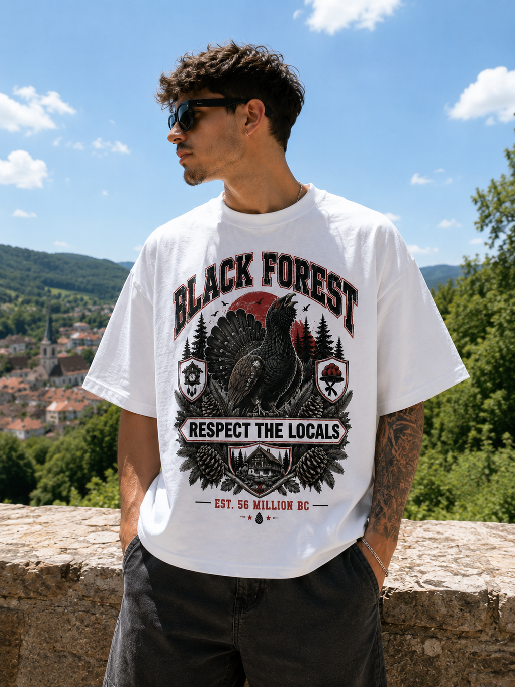 Black Forest Respect The Locals T-Shirt Design mit Auerhahn im Schwarzwald Vintage College Style