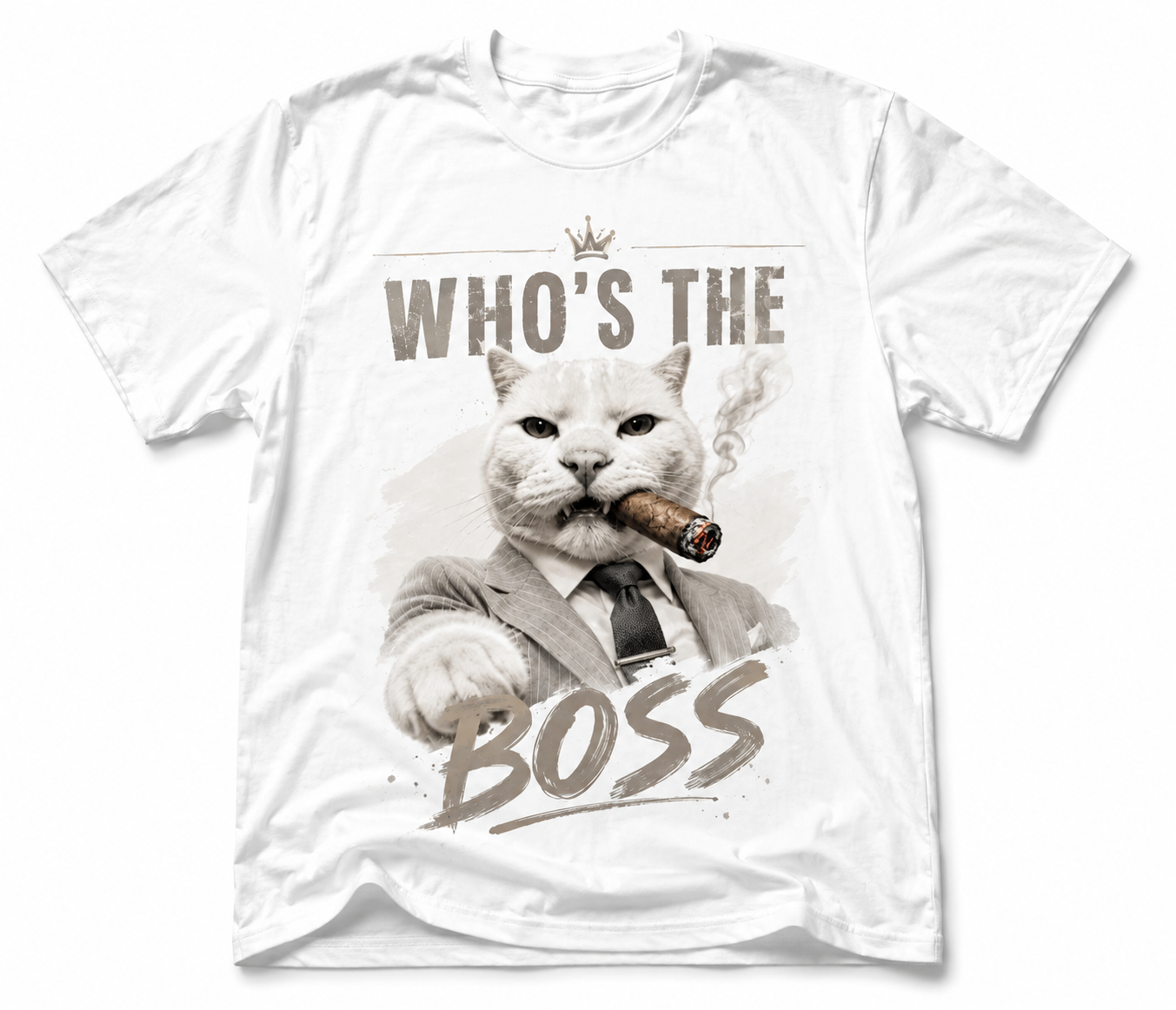 Weißes T-Shirt mit Boss-Katze im Anzug und Zigarre sowie dem Schriftzug „Who’s The Boss“