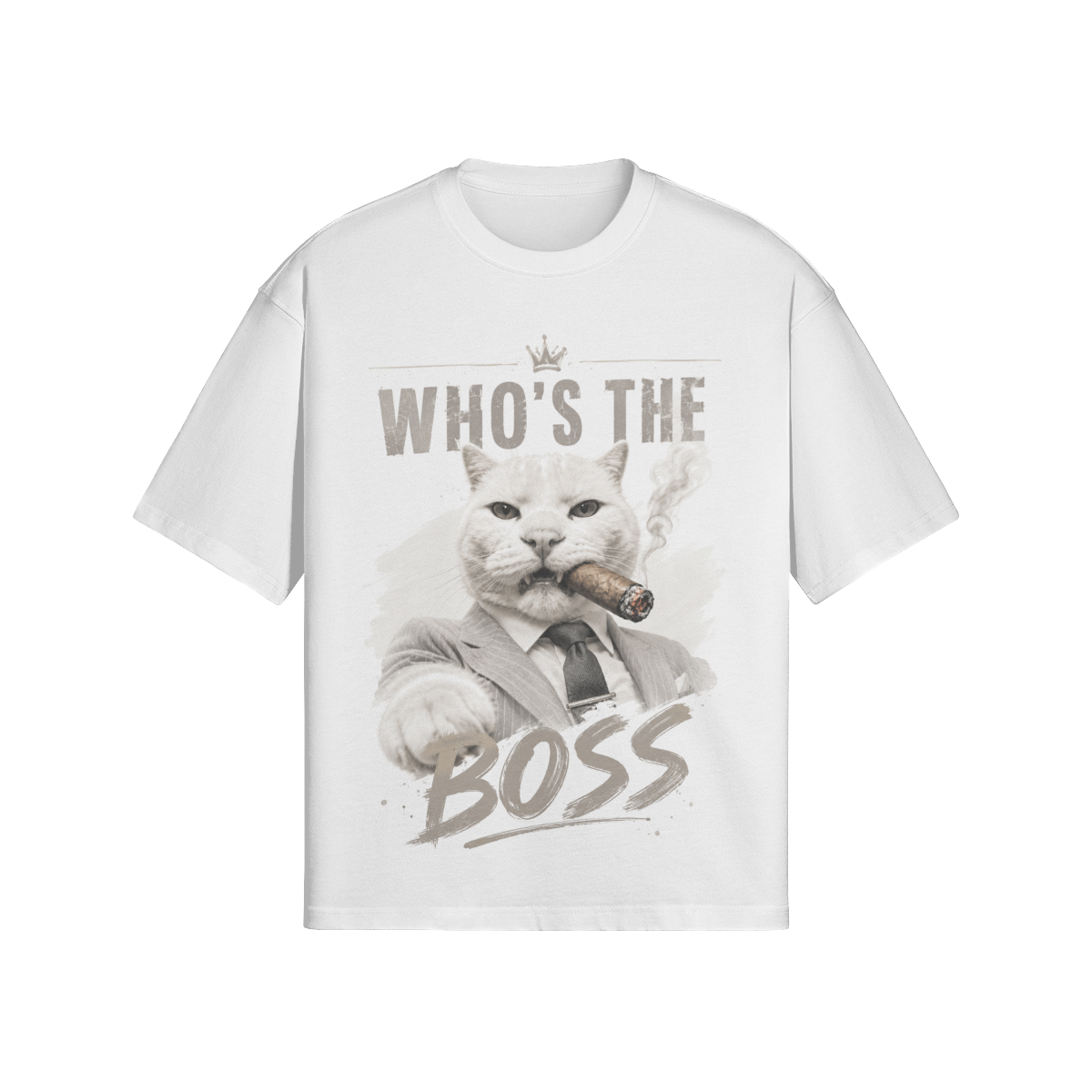 Weißes T-Shirt mit Boss-Katze im Anzug und Zigarre sowie dem Schriftzug „Who’s The Boss“