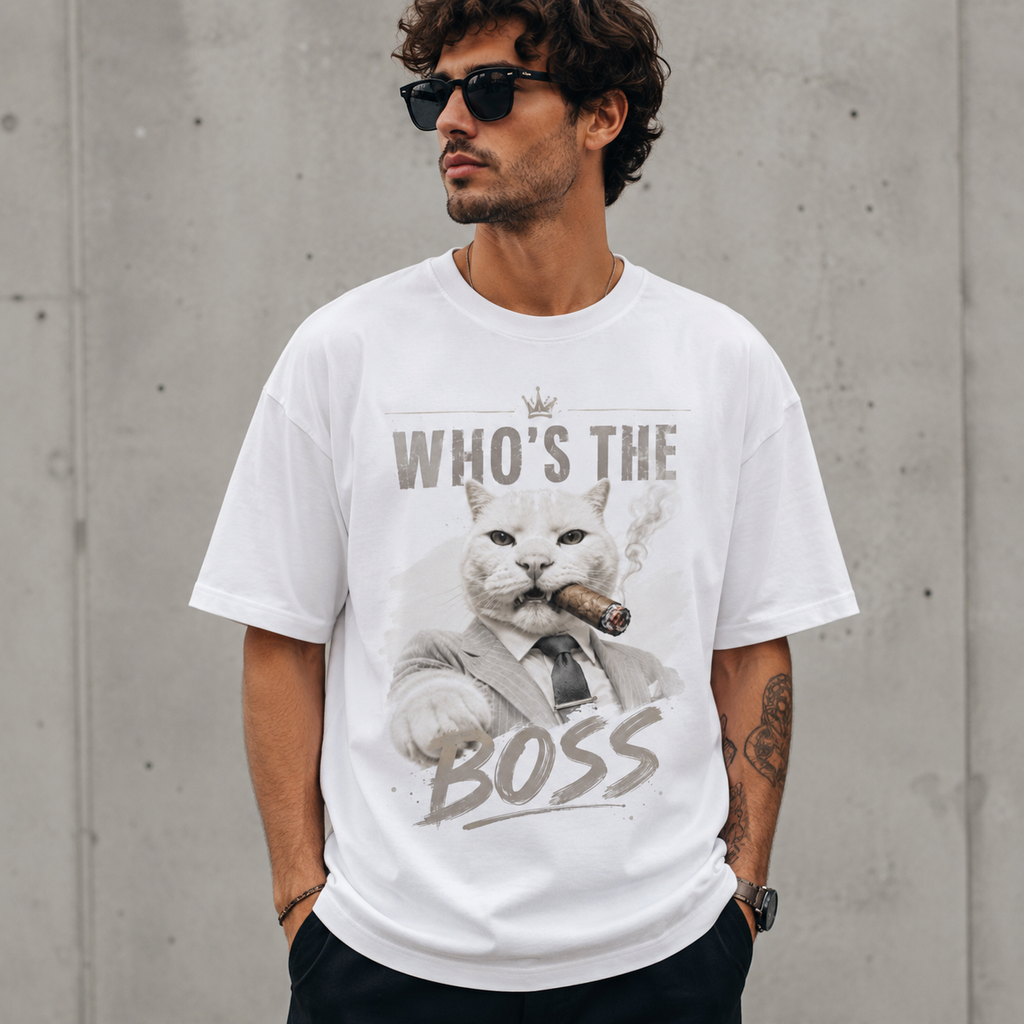 Weißes T-Shirt mit Boss-Katze im Anzug und Zigarre sowie dem Schriftzug „Who’s The Boss“