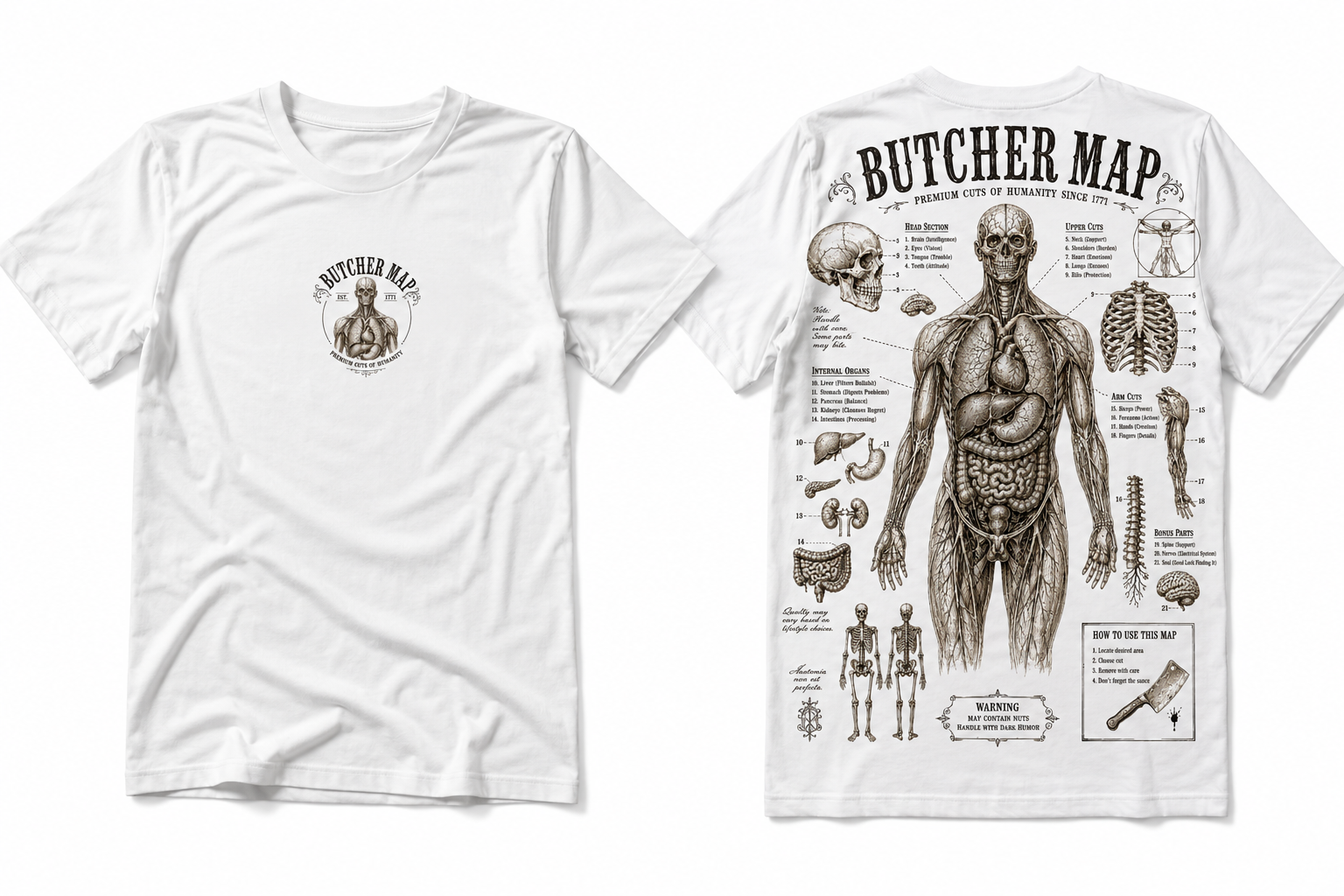 Butcher Map Vintage Anatomy T-Shirt mit anatomischem Rückenprint und satirischem medizinischem Design auf weißem Shirt