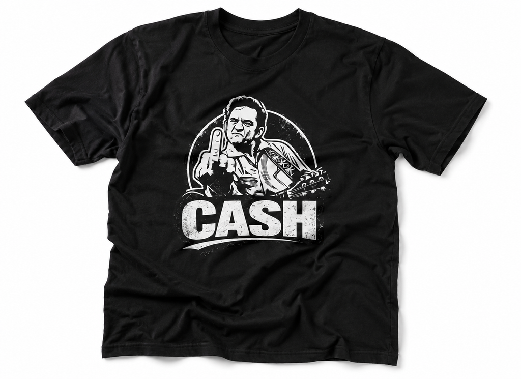 Schwarzes Johnny Cash Vintage T-Shirt mit rebellischem CASH Grafikdruck im Retro Rockabilly Stil