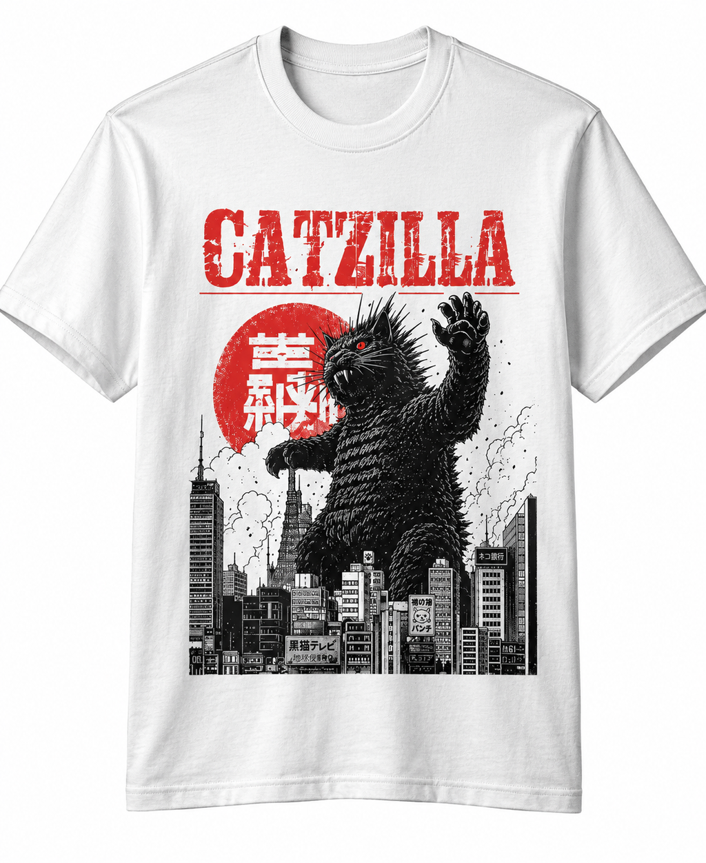 CATZILLA T-Shirt mit japanischer Monsterkatze im Kaiju Anime Stil über einer Skyline