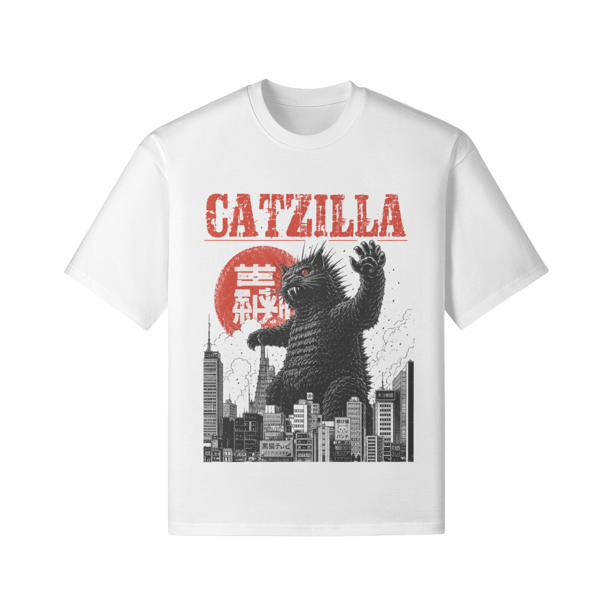 CATZILLA T-Shirt mit japanischer Monsterkatze im Kaiju Anime Stil über einer Skyline