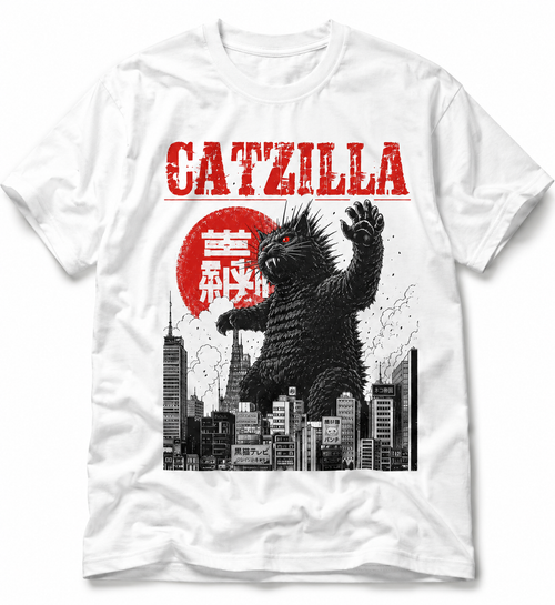 CATZILLA T-Shirt mit japanischer Monsterkatze im Kaiju Anime Stil über einer Skyline