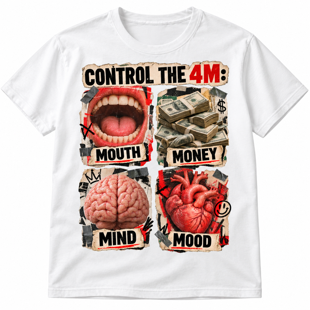 Weißes CONTROL THE 4M Statement T-Shirt mit MOUTH MONEY MIND MOOD Grafik