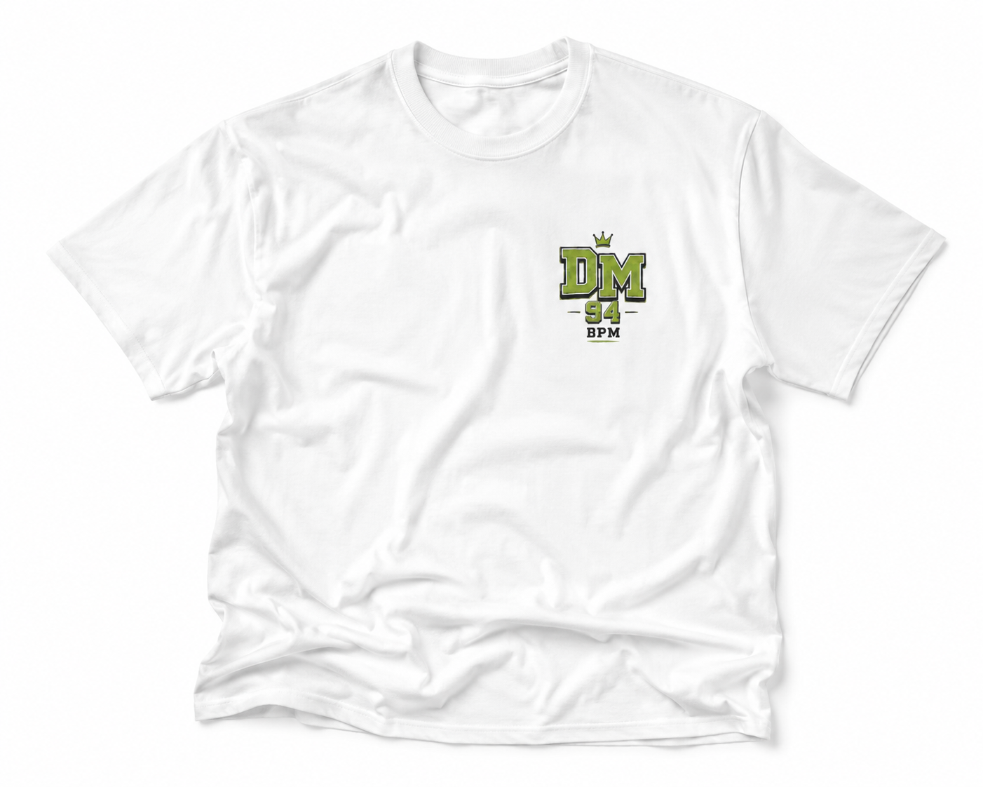 Weißes T-Shirt mit großem Rückenprint, kleinem Frontprint "DM 94 BPM"