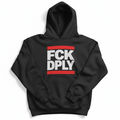 Schwarzer Hoodie mit FCK DPLY Statement Print in weiß und rot