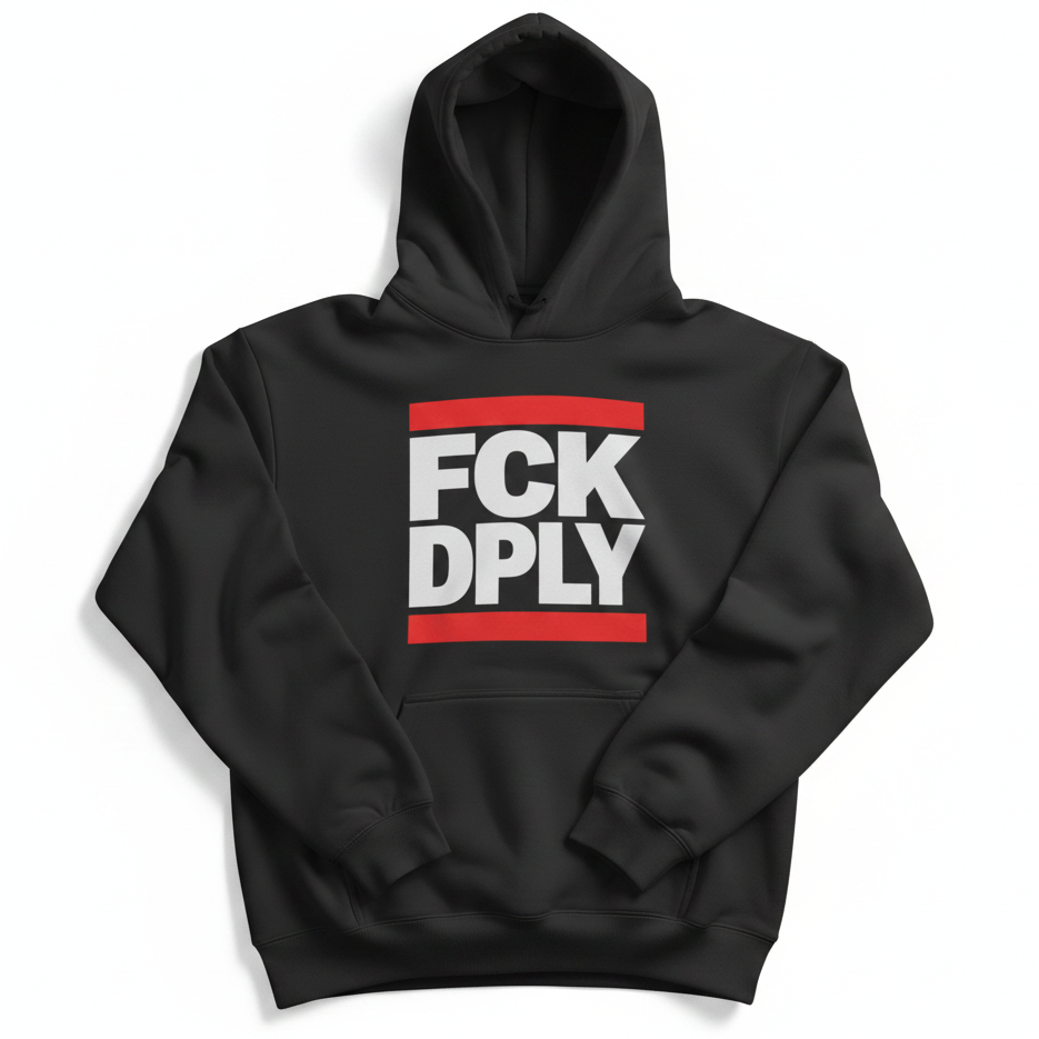 Schwarzer Hoodie mit FCK DPLY Statement Print in weiß und rot