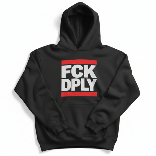 Schwarzer Hoodie mit FCK DPLY Statement Print in weiß und rot