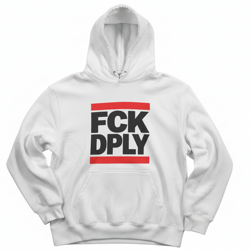Weißer Hoodie mit FCK DPLY Statement Print in schwarz und rot