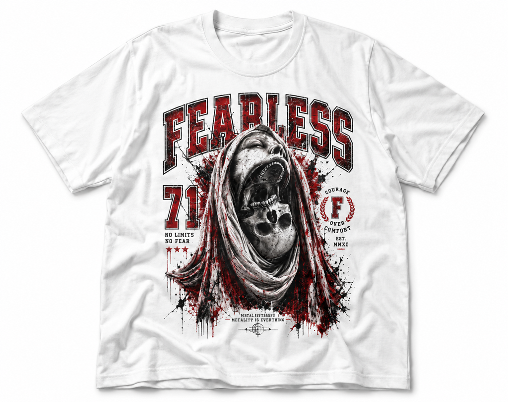 Weißes FEARLESS 71 T-Shirt mit Skull Print und rotem Streetwear Design