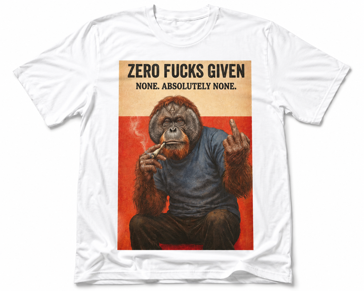 Weißes T-Shirt mit Orang-Utan-Grafik und dem Schriftzug „Zero Fucks Given – None. Absolutely None.“ auf weißem Hintergrund.