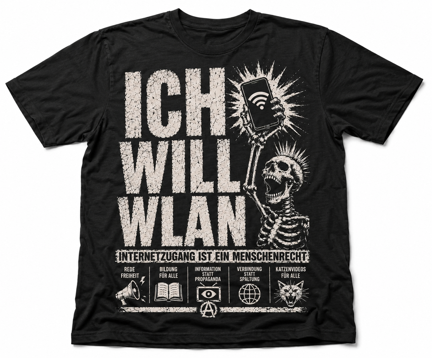 ICH WILL WLAN T-Shirt mit satirischem Punk-Design und Skelett auf schwarzem Shirt