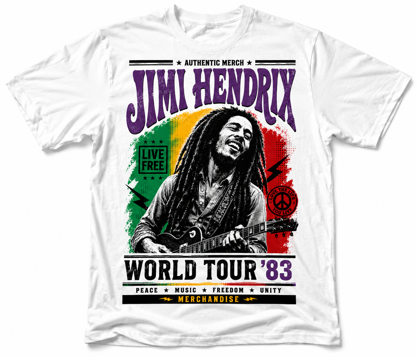 Jimi Hendrix Vintage T-Shirt mit satirischem World Tour '83 Retro-Rock-Design und Gitarrenmotiv auf weißem Shirt