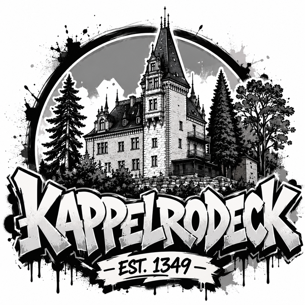 Weißes Kappelrodeck Streetwear T-Shirt mit Schlossmotiv im Vintage Graffiti Stil
