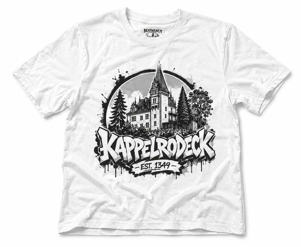 Weißes Kappelrodeck Streetwear T-Shirt mit Schlossmotiv im Vintage Graffiti Stil