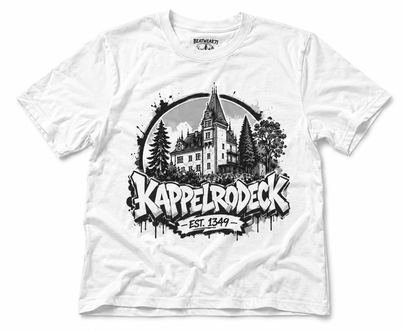Weißes Kappelrodeck Streetwear T-Shirt mit Schlossmotiv im Vintage Graffiti Stil
