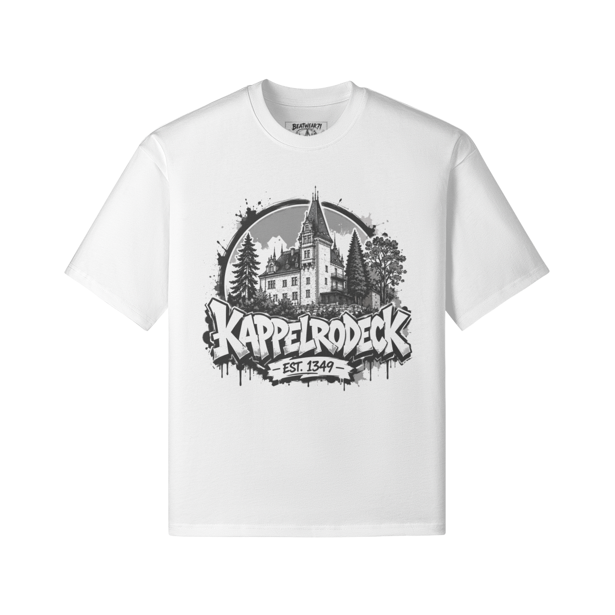 Weißes Kappelrodeck Streetwear T-Shirt mit Schlossmotiv im Vintage Graffiti Stil