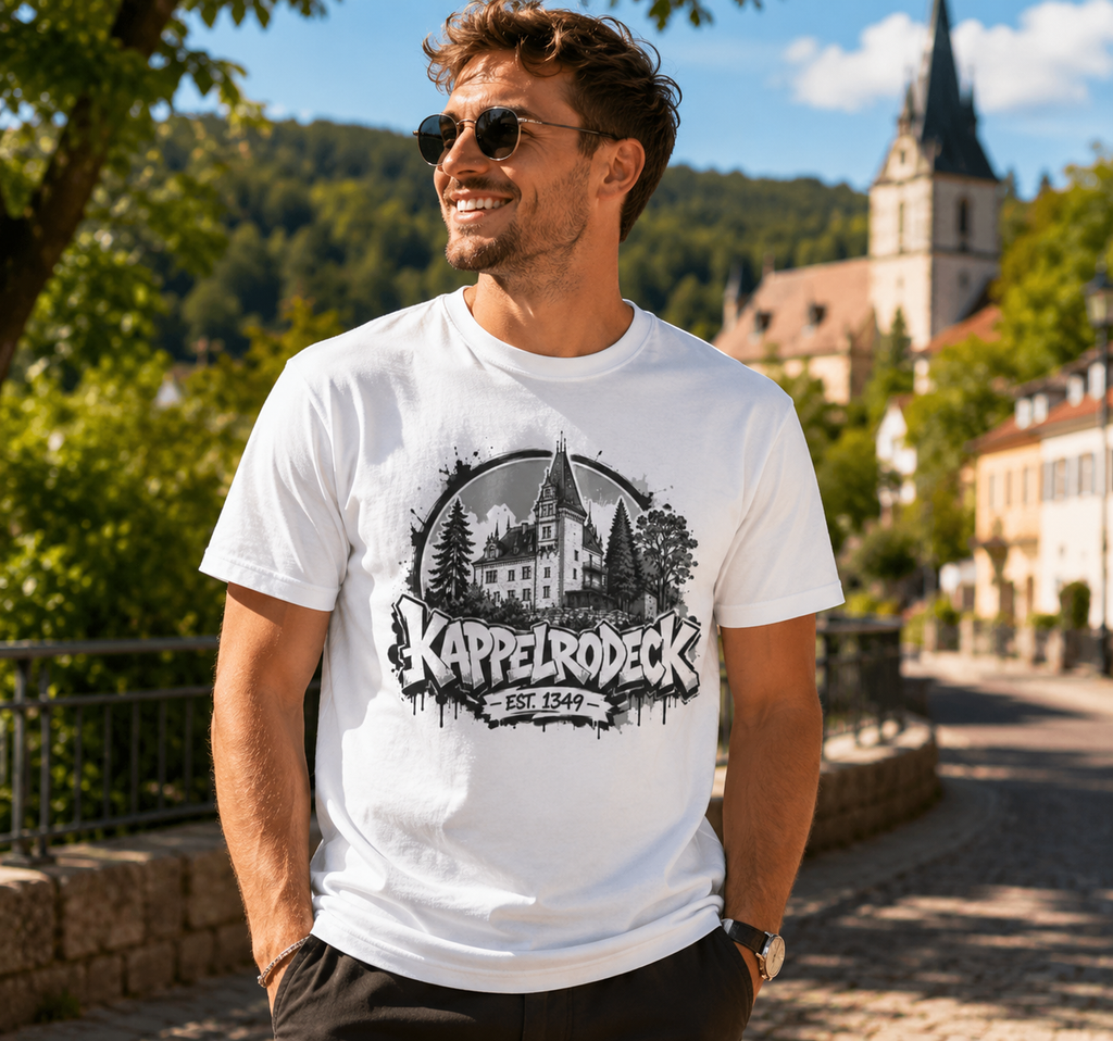 Weißes Kappelrodeck Streetwear T-Shirt mit Schlossmotiv im Vintage Graffiti Stil