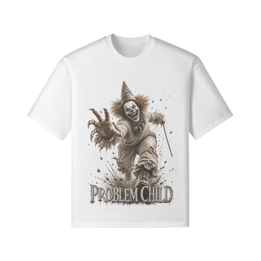 Creepy Horror Clown im Vintage-Streetwear-Stil mit Problem Child Schriftzug