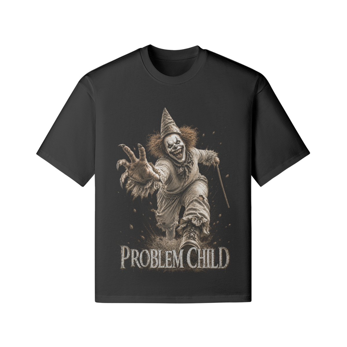 Creepy Horror Clown im Vintage-Streetwear-Stil mit Problem Child Schriftzug Side
