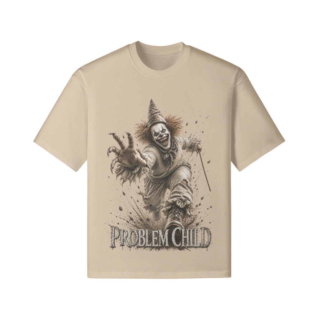 Creepy Horror Clown im Vintage-Streetwear-Stil mit Problem Child Schriftzug
