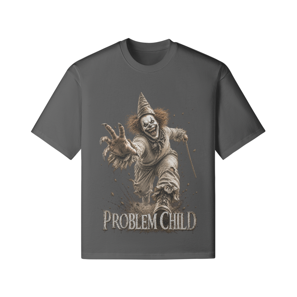Creepy Horror Clown im Vintage-Streetwear-Stil mit Problem Child Schriftzug