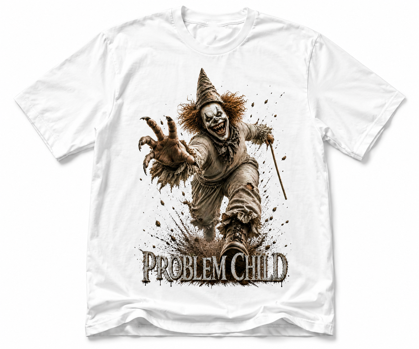 Creepy Horror Clown im Vintage-Streetwear-Tee mit Problem Child Schriftzug